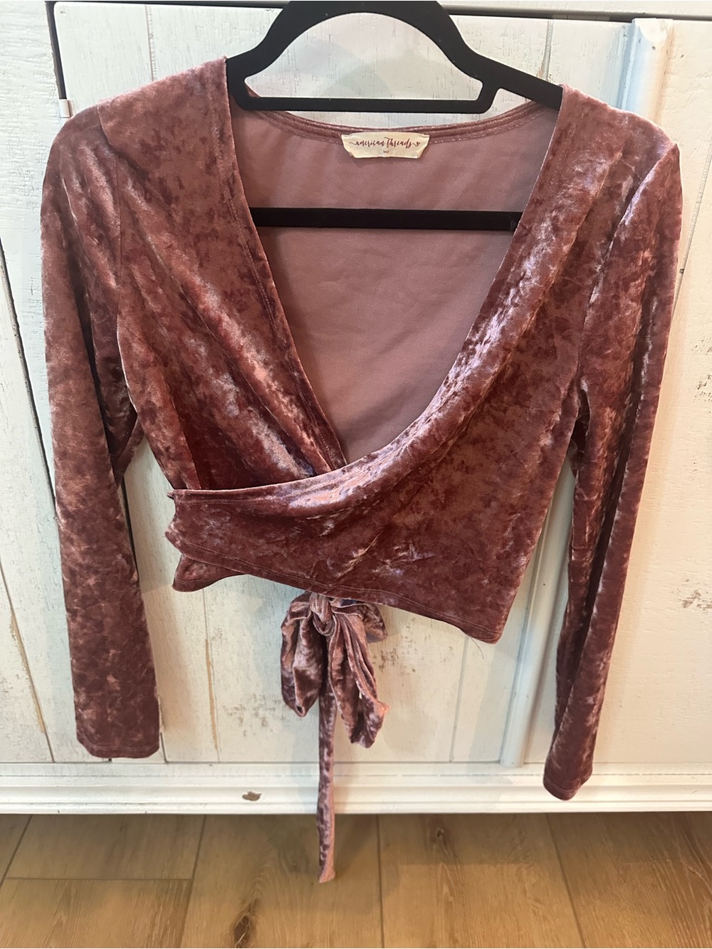 American Threads Dusty Rose Velvet Wrap Tie-Front Crop Top